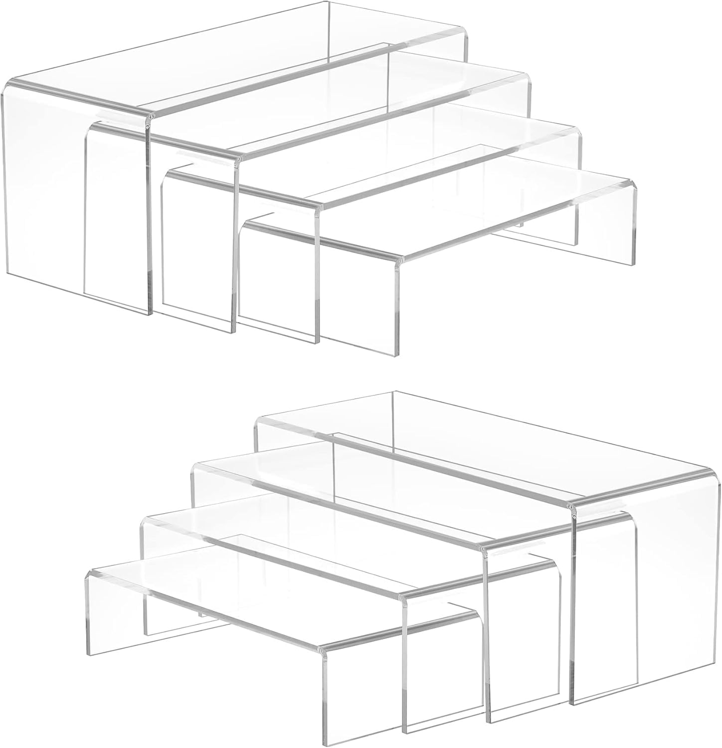 Viymgit 8Pcs Large Acrylic Risers, Clear Rectangular Tiered Display Stand, Tabletop Display Riser Shelf for Collectibles Jewelry Funko Pop Figures Toys Cupcake Dessert Decorations