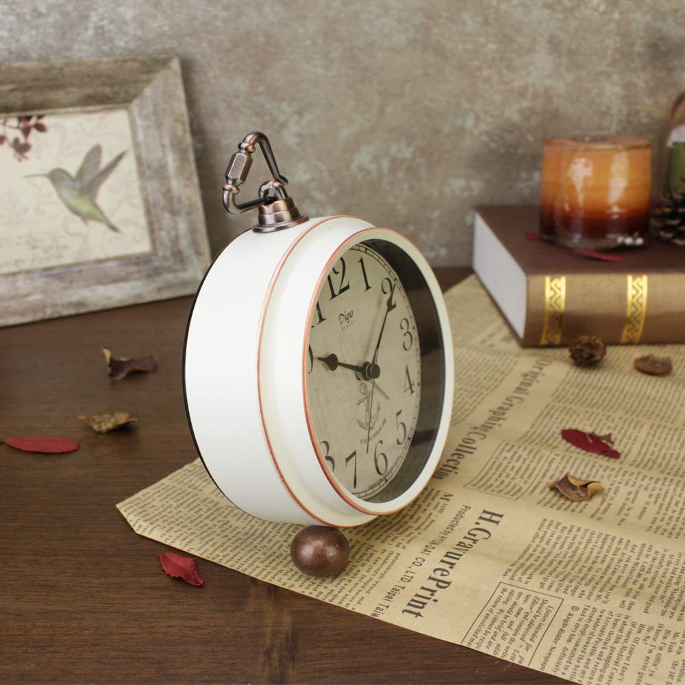 Justup Alarm Clock, 5.2 Inch White Vintage Retro Desk Analogue Quartz Clock with No Ticking, Silent, Battery Operated Quartz Movement, HD Glass for Bedroom/Living Room/Children (White)