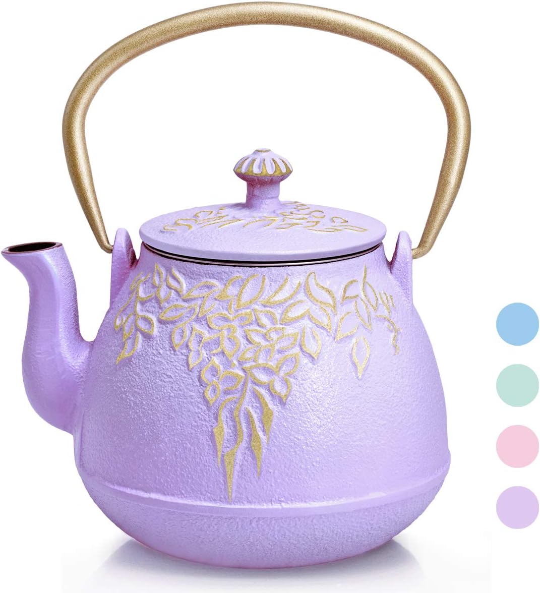 Cast Iron Teapot,Tea kettle cast iron,Tea pot with infusers for loose tea,Leaf Design Teapots Coated with Enameled Interior for 32 Ounce-Purple Rose