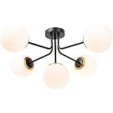 Creative Co-Op Sputnik Flush Mount Opal Glass Ceiling Light, Black and Gold