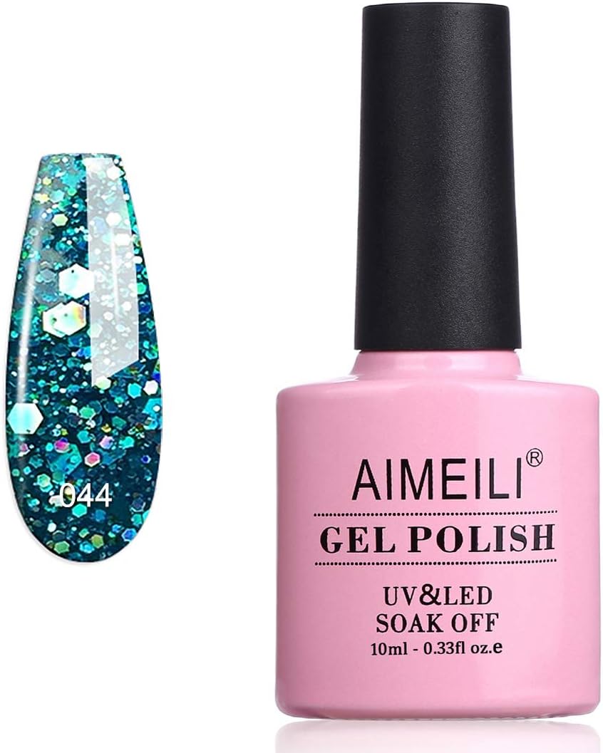 AIMEILI Soak Off UV LED Gel Nail Polish - Diamond Glitter Teal Blue Green (044) 10ml, 10 ml (Pack of 1)