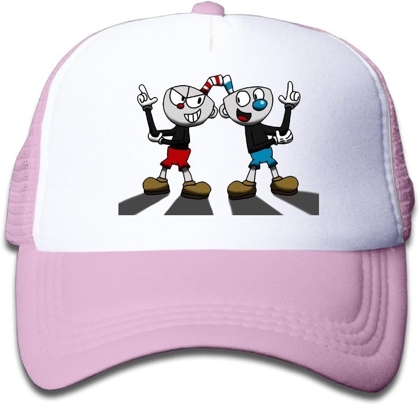 Child Cuphead and Mugman Adjustable Snapback Trucker Hat Pink One Size