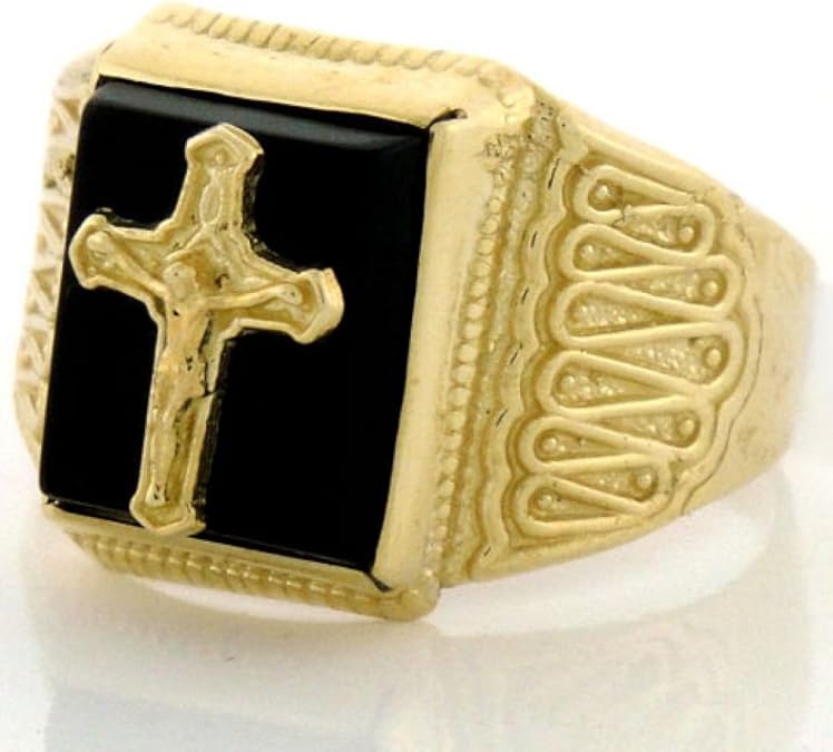 Jewelry Liquidation 14k Solid Gold Mens Onyx Crucifix Cross Jesus Ring