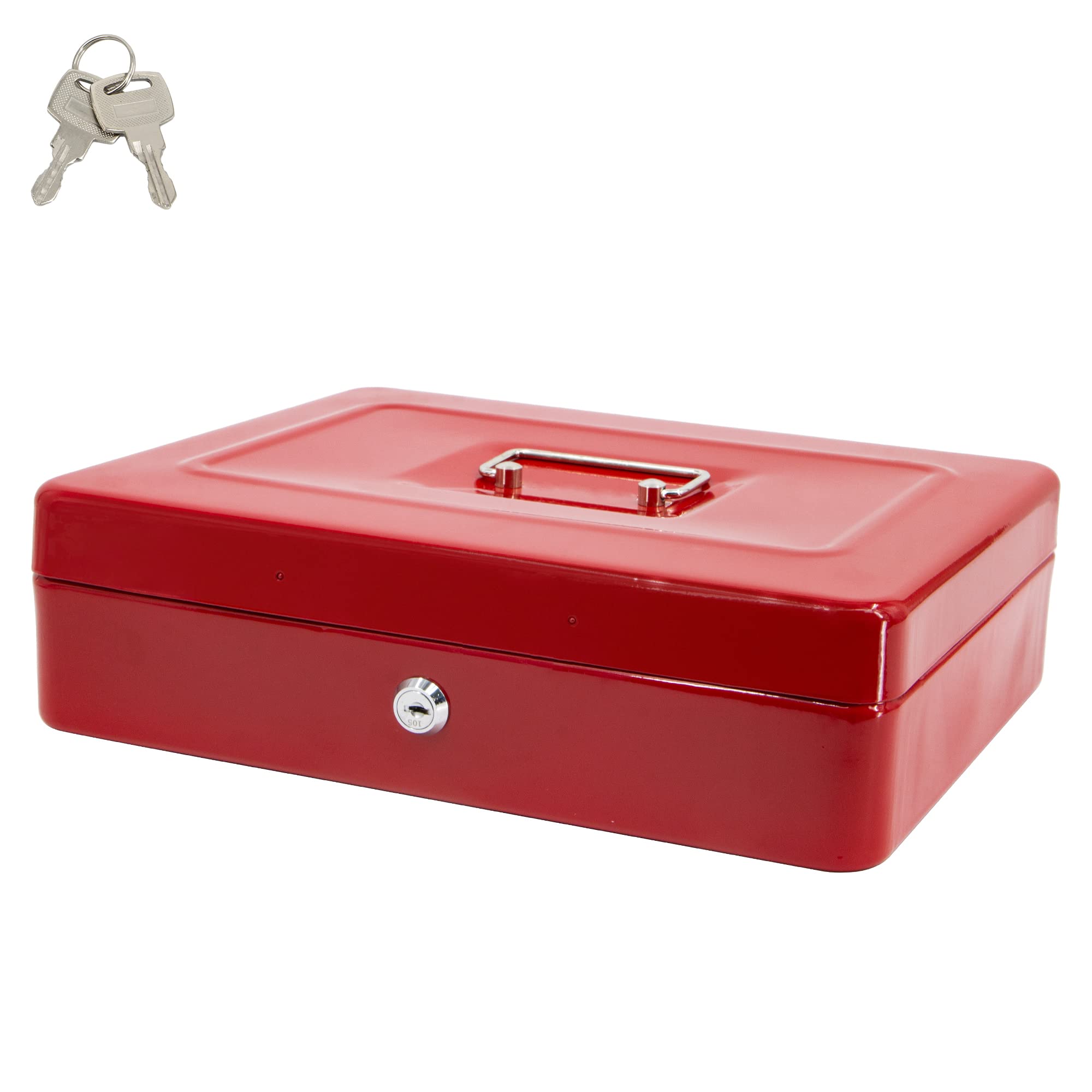 Time to Sparkle 12 inch Small Lock Box Money Safe with Tray for Cash Metal Saving Box Lock and Key with Stainless Steel Handle 22 * 30 * 9cm Red