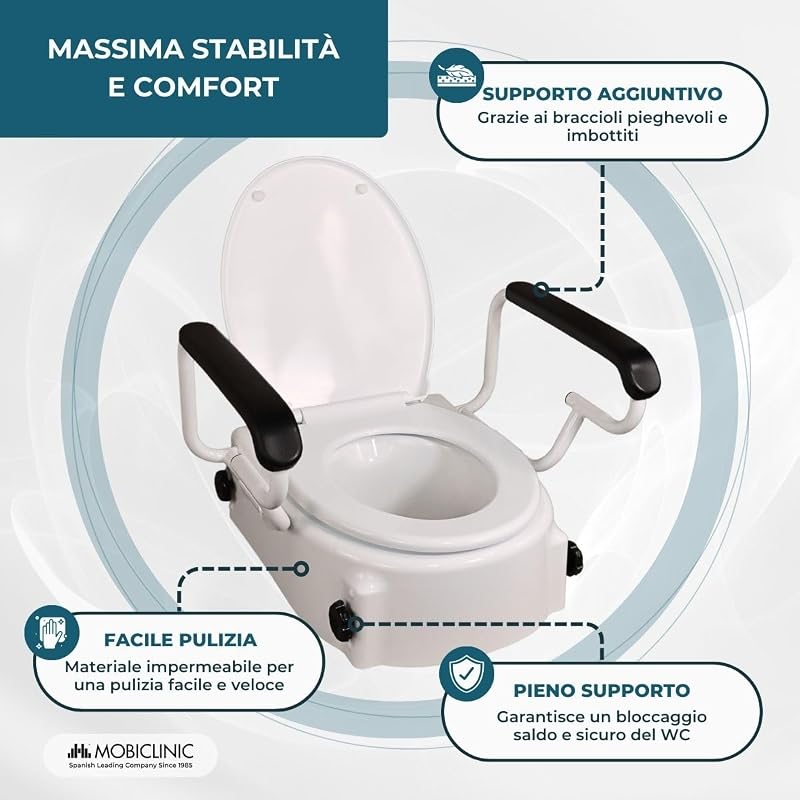 ®, Rialzo per wc Anziani, Tajo, Braccioli pieghevoli, Persone disabili, Coperchio, Regolabile in 3 altezze, Bidet, Inclinabile, Ausili, Bianco