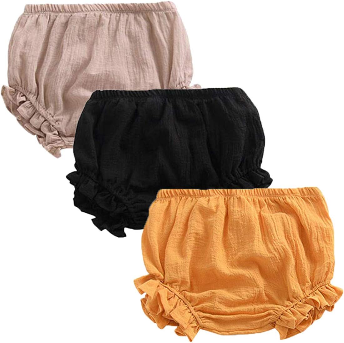 REWANGOING 3 Pack of Baby Infant Kids Girl Soild Cotton Linen Blend Soft Ruffle Bloomer Shorts Pants