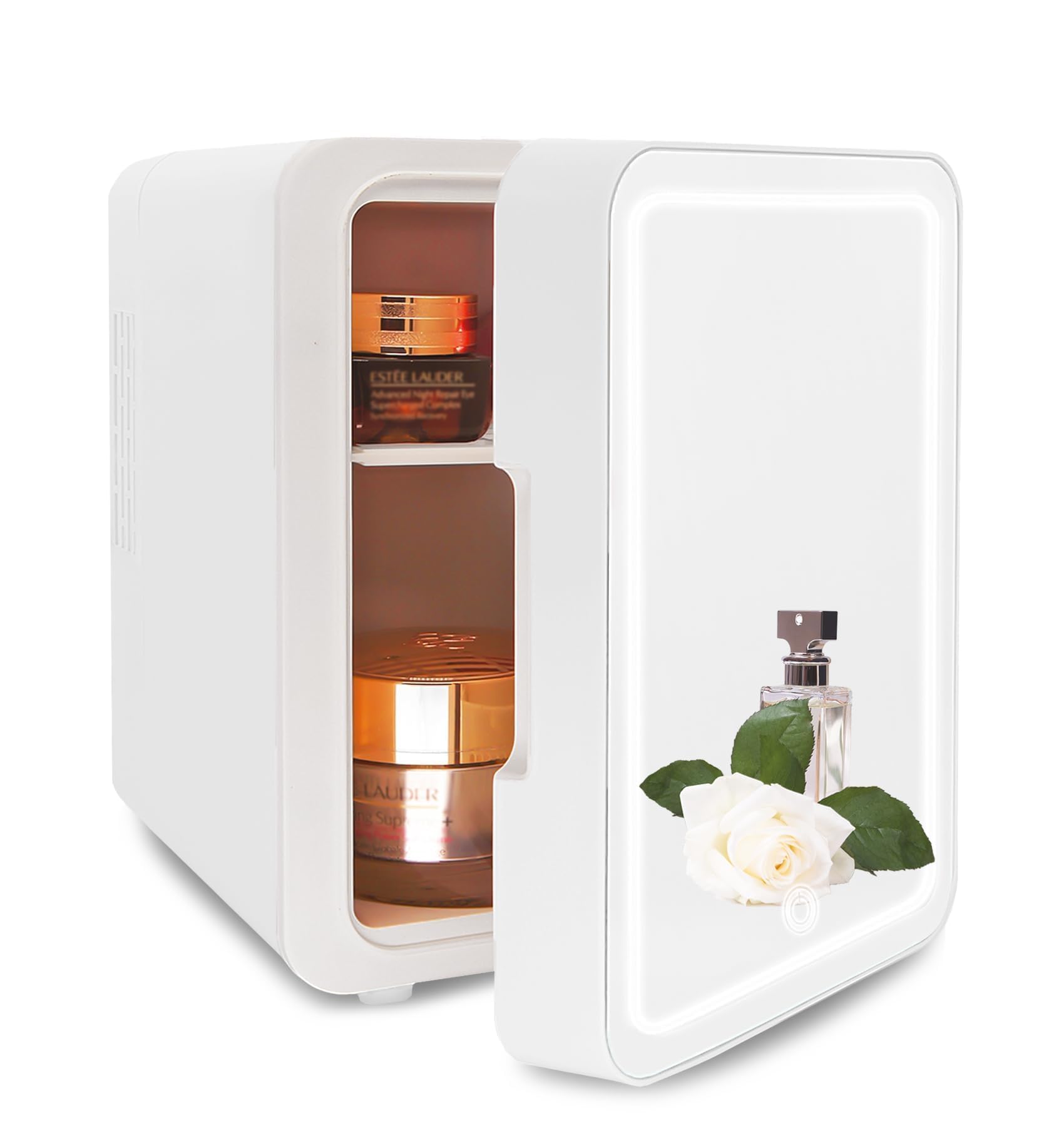 Photo 1 of ***POSSIBLY FOR PARTS DAMAGE UNKNOWN*** VNIMTI Mini Skincare Fridge 4 Liter/6 Cans, Portable Cosmetic Fridges with Makeup Mirror, Cooler & Warmer, AC & DC, Small Refrigerator for Bedroom, Car, Office, Outdoor (White - 4L)