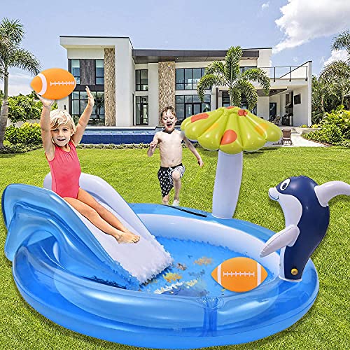 Kids Pool with Slide,Inflatable Play Center for Garden,Dolphin Fountain