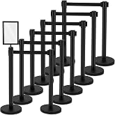 Geelin 12 Pack Crowd Control Stanchions Barriers, 9.8ft, Black | Metal line dividers, with Retractable Belt and Sign Holder, Queue Management, Safety Barrier Post, Easy Assembly