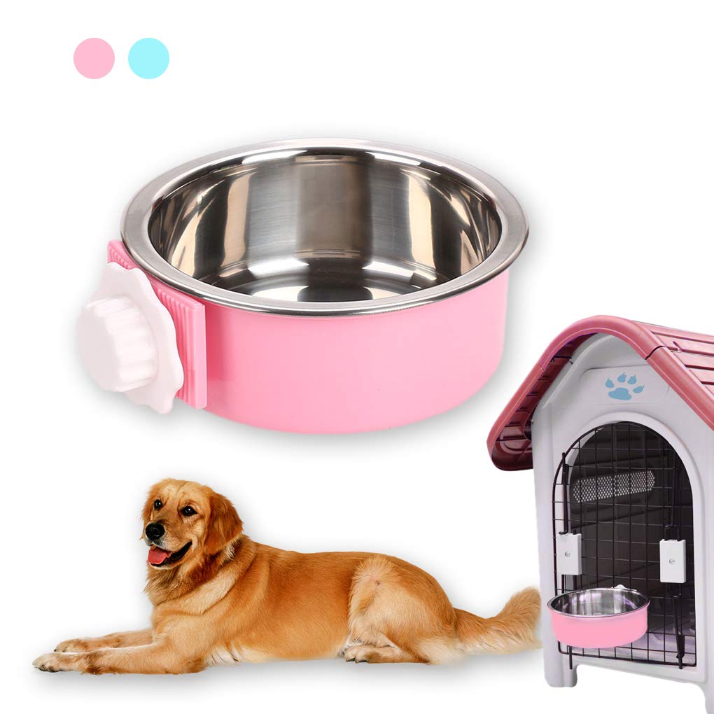 Dog Hanging Bowl 2-in-1 Removable Stainless Steel Food Hanging Bowl for Puppy/Cat, Andiker Pet Bowl Hanging Cage Large Water Food Feeder for Dogs Cats (small, pink)