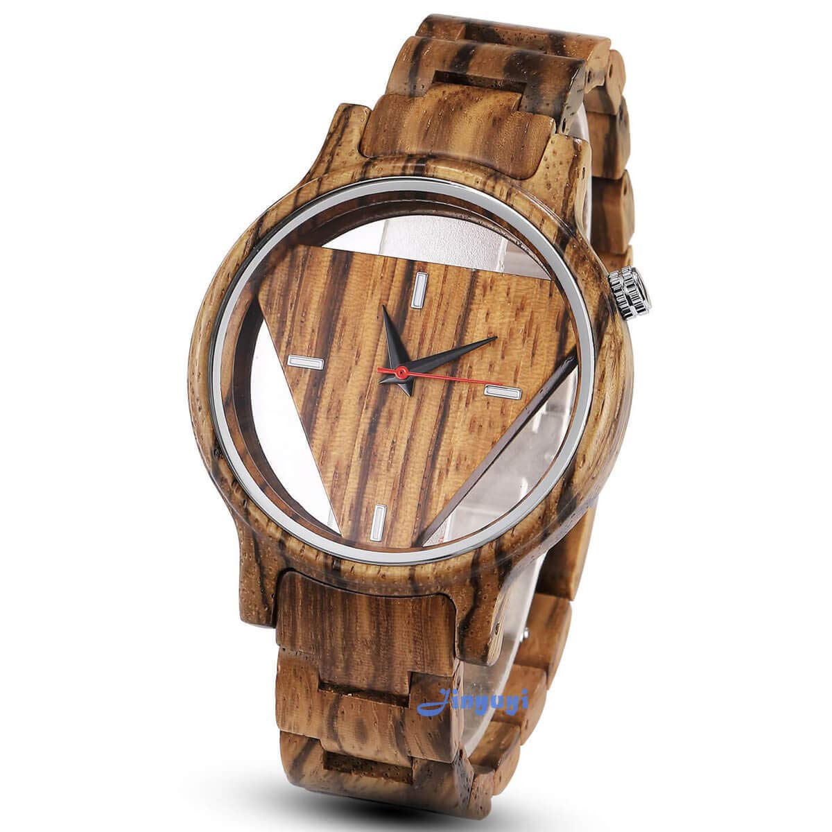 GORBEN Wooden Watches Inverted Geometric Triangle Zebra Wood Watch Mens Creative Quartz Wristwatch Hand-Made (#Gorben136)