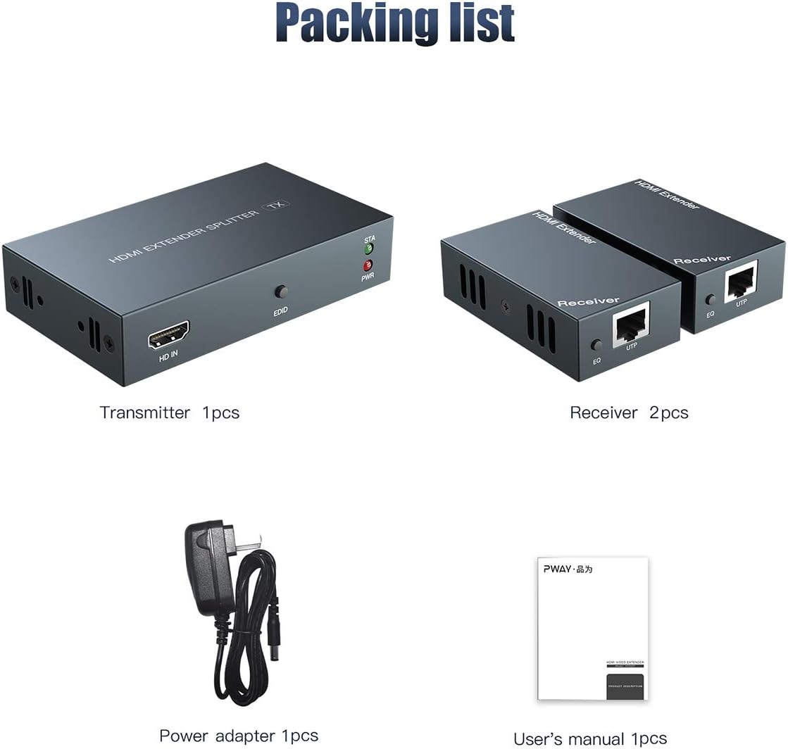 HDMI Extender 1 to 2 Splitter Transmit 1080p HD Video Over 50m/165ft Ethernet Cat5e/6 with 2 HDMI Local Output, Works with Computer/Camera/Projector/TV: Home Audio & Theater