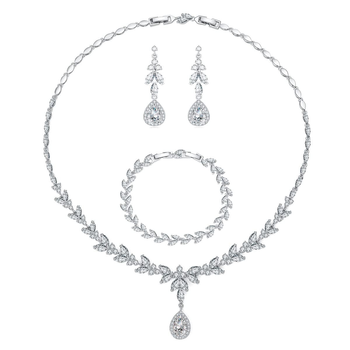 Kamise Wedding Jewellery Set for Women, Silver Bride Engagememt Jewellery Sets, AAAAA Cubic Zirconia Teardrop Necklace & Earrings & Bracelet Set, Sparkle Flower Jewellery Sets for Wedding Party Event