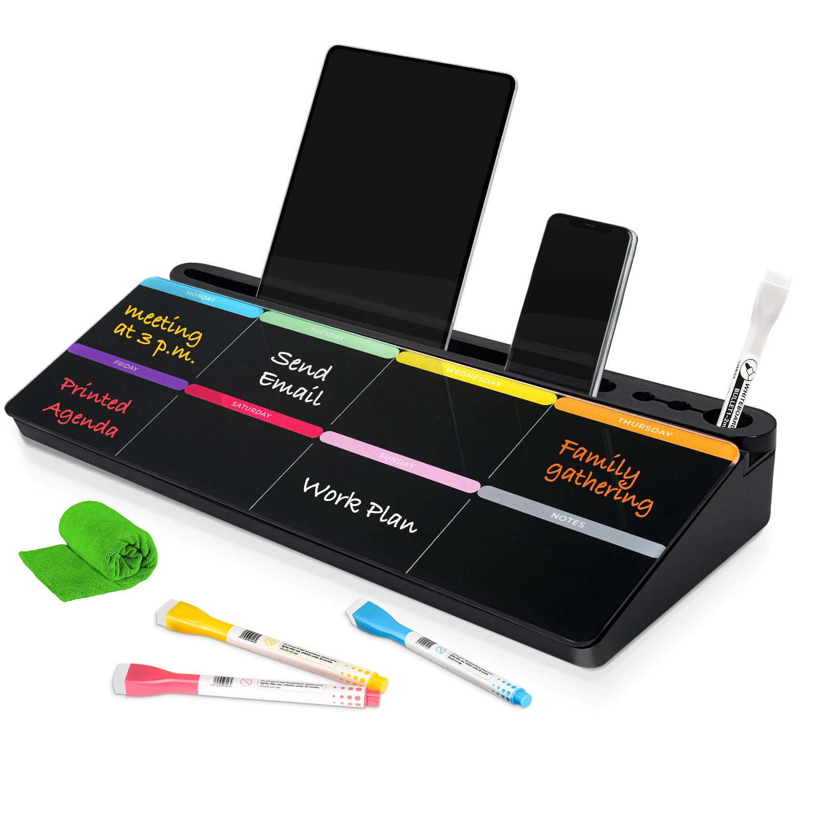 Photo 1 of DOLLAR BOSS Glass Desk Whiteboard Calendar Small Dry Erase Board Desktop White Board with Storage Drawer Computer Keyboard Stand Desk Organizer, Colorful Weekly Calendar, Black