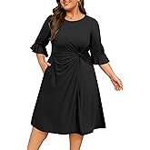 Manllenshie Womens Plus Size Dresses Casual 3/4 Sleeve Twist Knot Wrap Patchwork Slit Hem Dress 1 Pocket(Black,2XL)