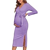 2025 Fall Rib Knit Maternity Nursing Dress Knot Side Long Sleeve V Neck Bodycon Wrap Pregnancy Split Dresses