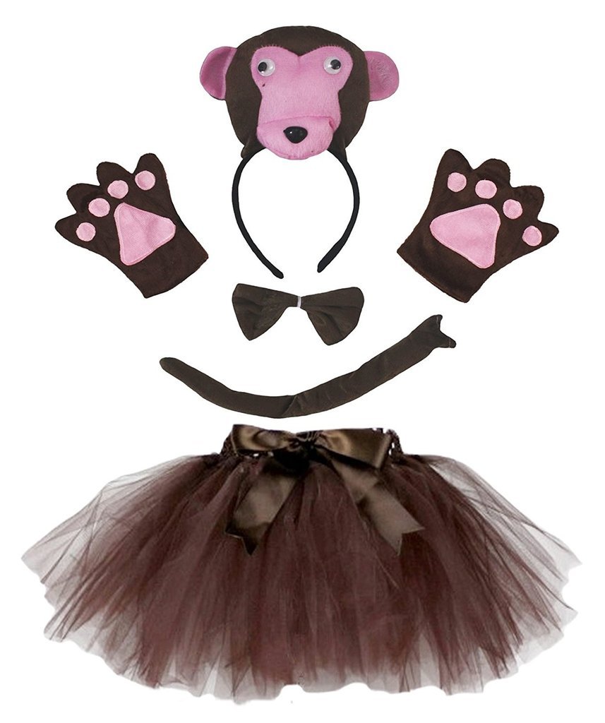 Petitebelle Cute Headband Bowtie Tail Gloves Tutu 5pc Girl Costume 1-10y (Monkey-2, 1-5 Years)