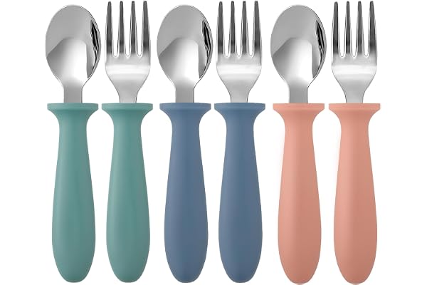 6 Pieces Toddler Utensils, Kids Silverware Set with Plastic Handle Stainless Steel Children Forks and Spoons, Dishwasher Safe