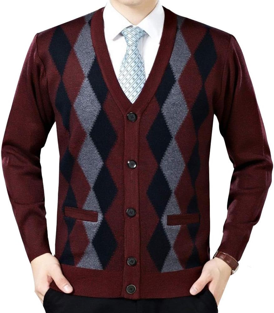 LINGMIN Men's Argyle V-Neck Cardigan Sweaters Casual Button Down Long Sleeve Sweater