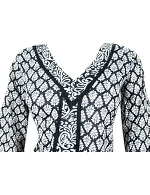Womens Top Tunic Kurti Cotton Printed White Black Blouse Medium Sz