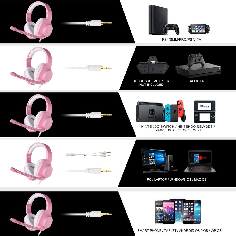 SADES Headset for Girls, Spirits 3.5mm Stereo Gaming Headphones for Nintendo Switch, PS4, Xbox One, Over Ear Headset with Noise Cancelling Mic,Volume Control, Soft Memory Earmuffs for PC, Laptop, Mac
