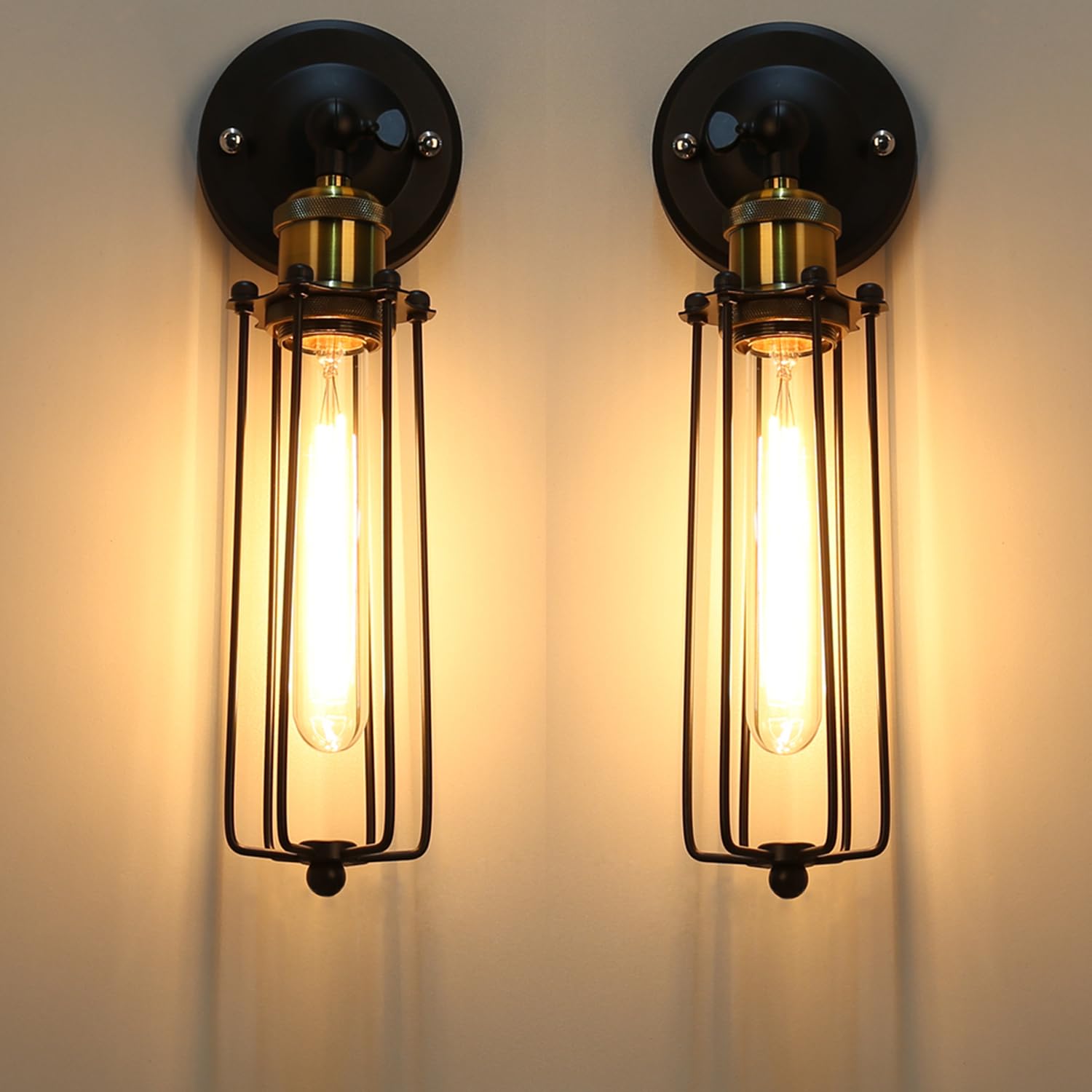 Chrasy Two Packs Industrial Vintage Wall Light Tube Bulbs Rustic Adjustable Angle Wire Metal Cage Wall Lamp Sconces Retro Indoor Lighting Fixture Fit for Hallway Corridor Bedside
