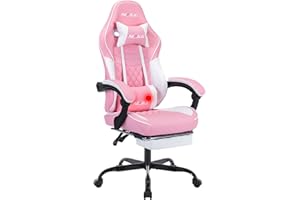 NIONIK Ergonomic Video Gamer Chairs,Computer Gaming Chairs with Massage Lumbar Support and footrest,Racing Style Computer Chair Adjustable Headrest for Adults,PinkWhite