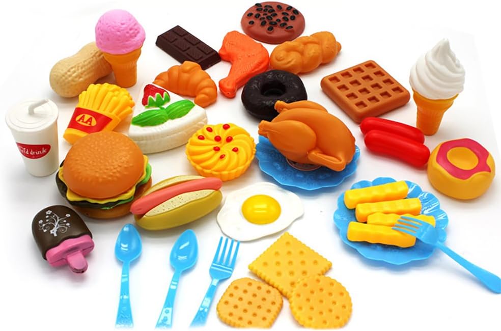 elegantstunning Food Toy Plastic Fast Food Playset Mini Hamburg French Fries Hot Dog Ice Cream Cola Food Toy for Children Pretend Play Gift for Kids 34 Sets without Baskets