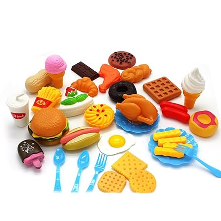 Meiyiu Plastic Fast Food Playset Mini Hamburg French Fries Hot Dog Ice Cream Cola Food Toy for Children Pretend Play Gift for Kids 34 Without a Basket
