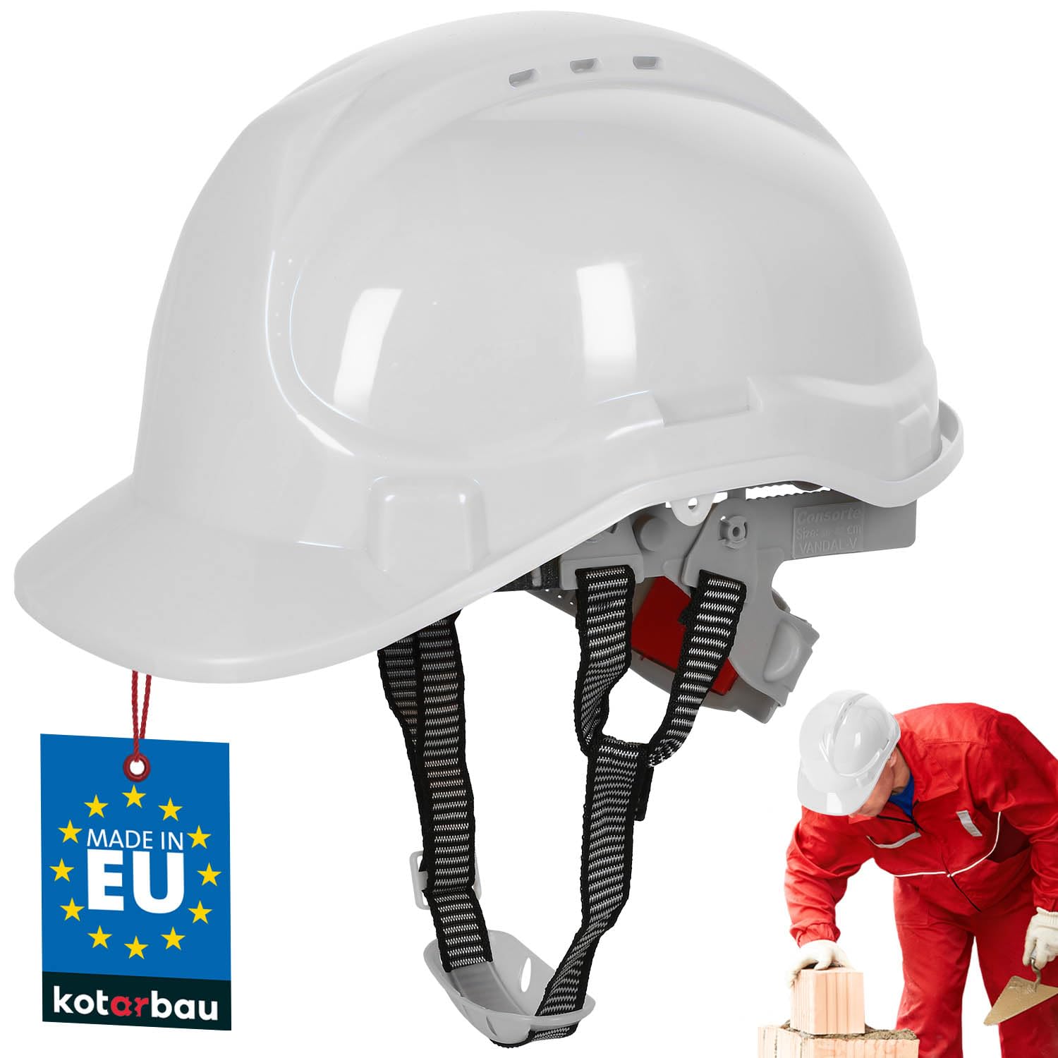 KOTARBAU® Hard Hat - Plastic - White - Adjustable - Safety Helmet - with Chin Strap - Construction Helmet - Lightweight Durable