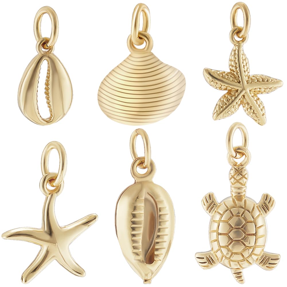 Beebeecraft 24Pcs 6 Styles Shell Starfish Tortoise Charm 18K Gold Plated Ocean Sea Animal Necklaces Pendant charm with Storage Box for Summer DIY Jewelry Making