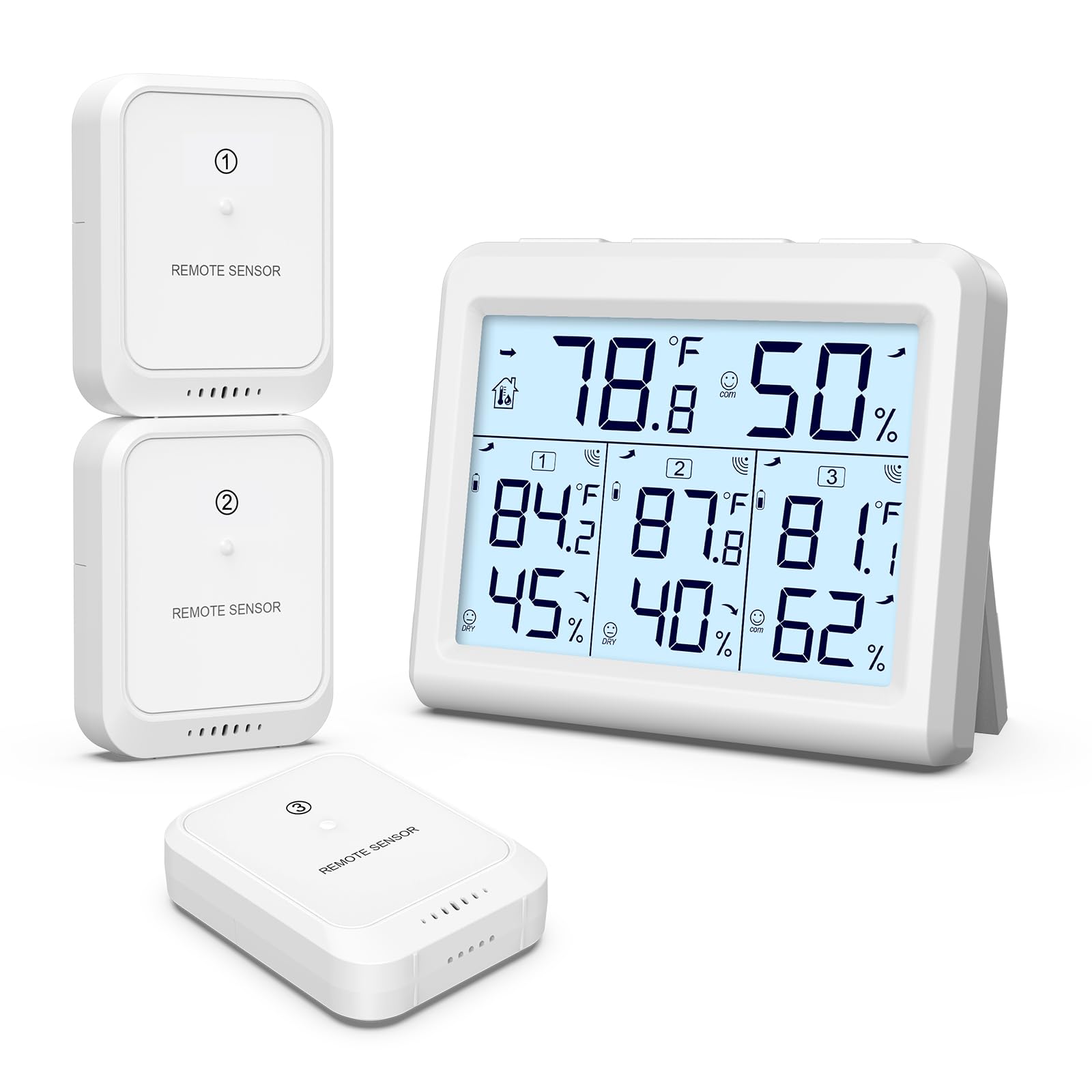 ORIA Indoor Outdoor Thermometer Hygrometer with 3 Sensor, Digital Temperature Monitor Humidity Meter with Backlight, Wireless Weather Station with Comfort Icon, Arrow Trends, Pefect for Home Office