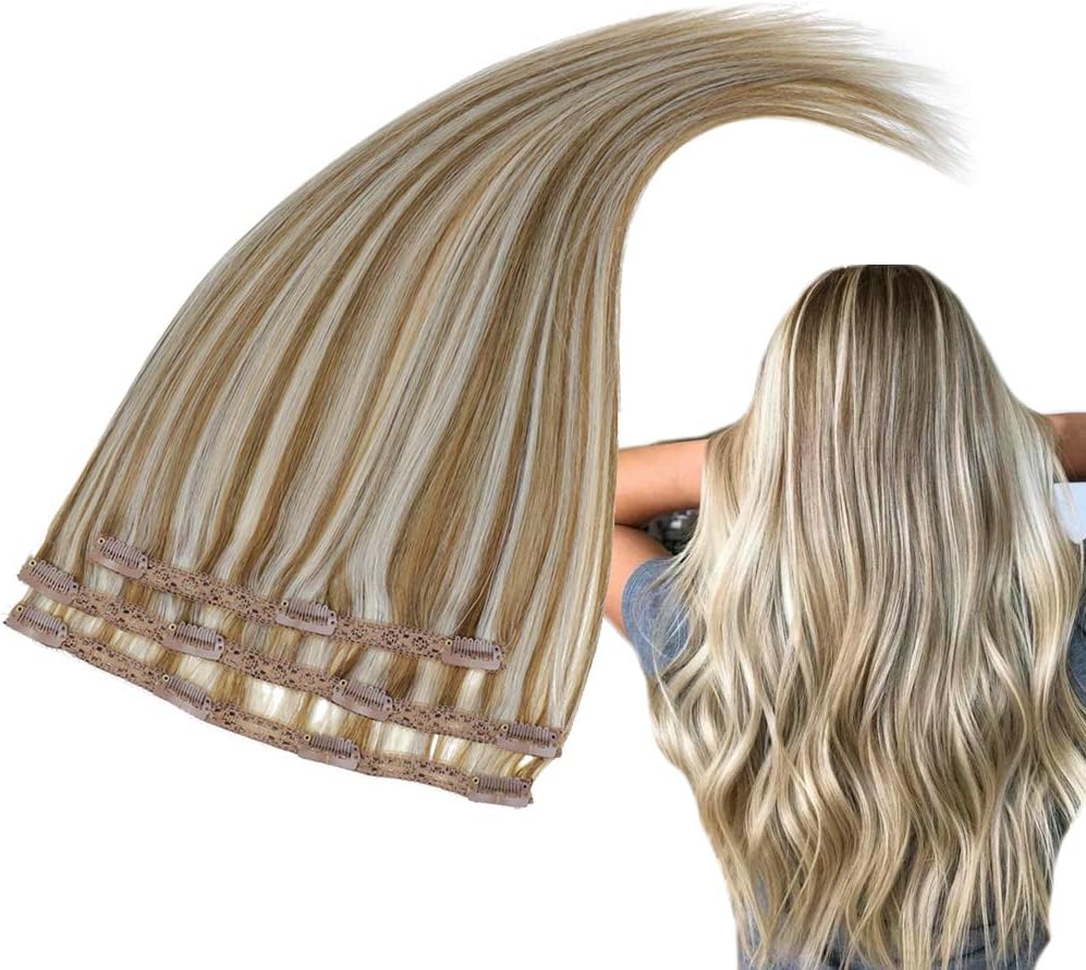 RUNATURE Clip in Extensions Real Human Remy Hair 20 Inches Clip Hair 50g, 3pcs Golden Brown Mixed with Blonde Clip in Real Human Hair Extensions Lace Clip on