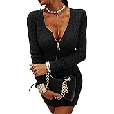 Veatzaer Womens Zipper V-Neck Casual Slim Fit Sweater Dress Long Sleeve Solid Sweaters Knit Mini Dress