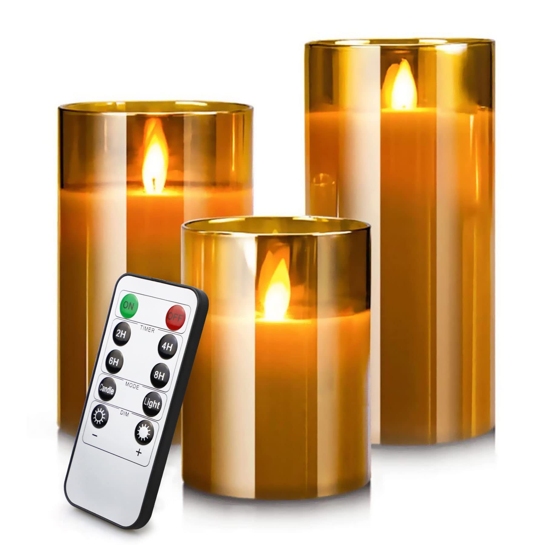 YMing LED Flameless Battery Operated Electric Candles, Flickering Timer & Remote Control Gold Glass Pillar Realistic Wick Flame Mode, Real Wax Moving Warm Light Candles 4" 5" 6" Set of 3
