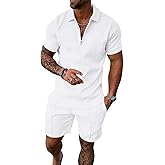 FcuteL Mens Short Sets 2 Piece Outfits Summer Fashion Quarter Zip Polo & Athletic Shorts Retro Textured Vacation Tracksuit