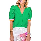 Chvity Womens Colorful Striped Trim Colorblock Tunic Tops V Neck Puff Sleeve Casual Loose Summer Blouse Shirts