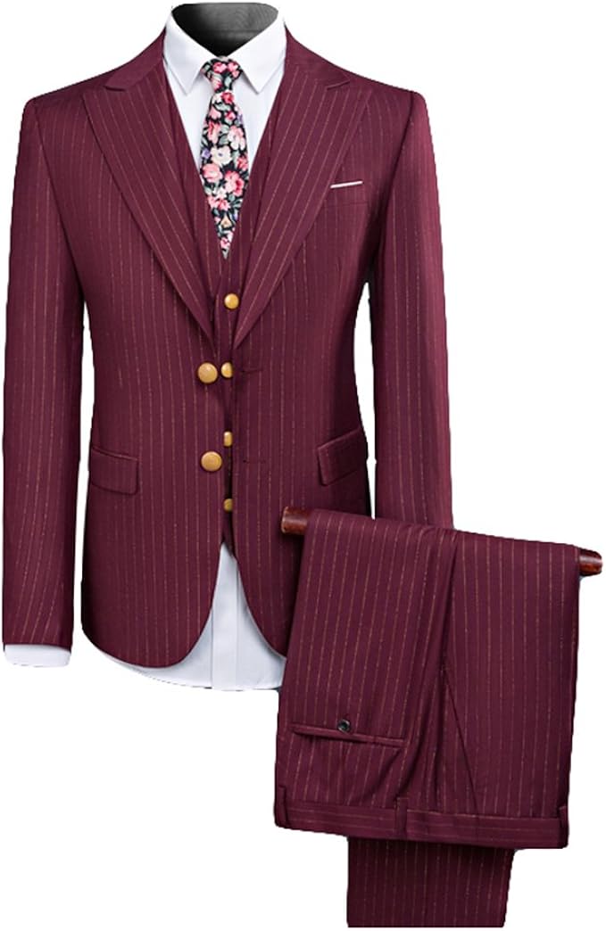 Anzug Herren Slim Fit Schnitte 3 Teilig Business Hochzeit Rot Mit Goldenen Streifen Elegant Amazon De Bekleidung