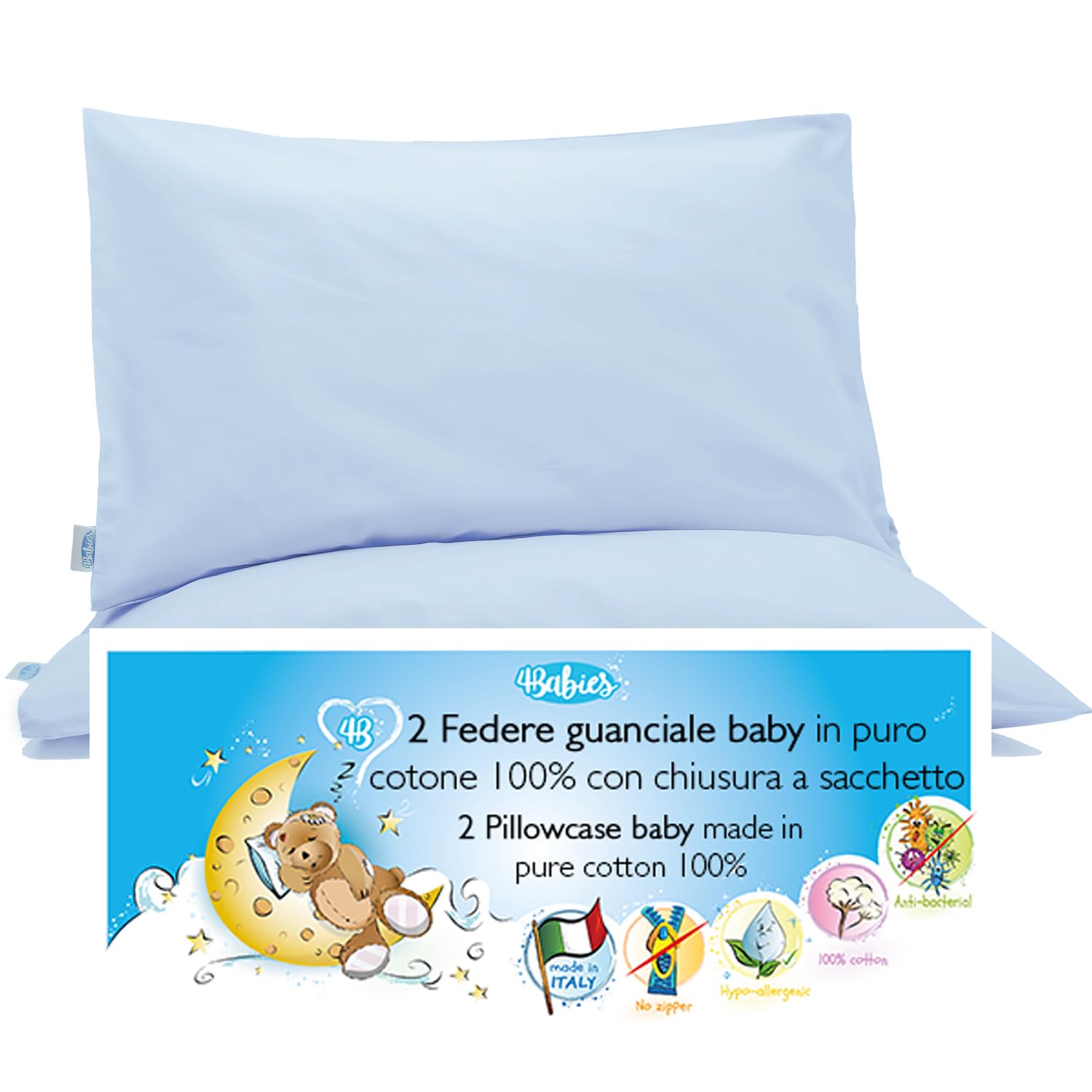 4BABIES- Baby Toddler Pillowcase 40X60 cm - Set of 2 Pillow Cases for cot and crib 100% PURE COTTON Made in Italy - Envelope closure - OEKO-TEX Certified - Children's bedding - Azure