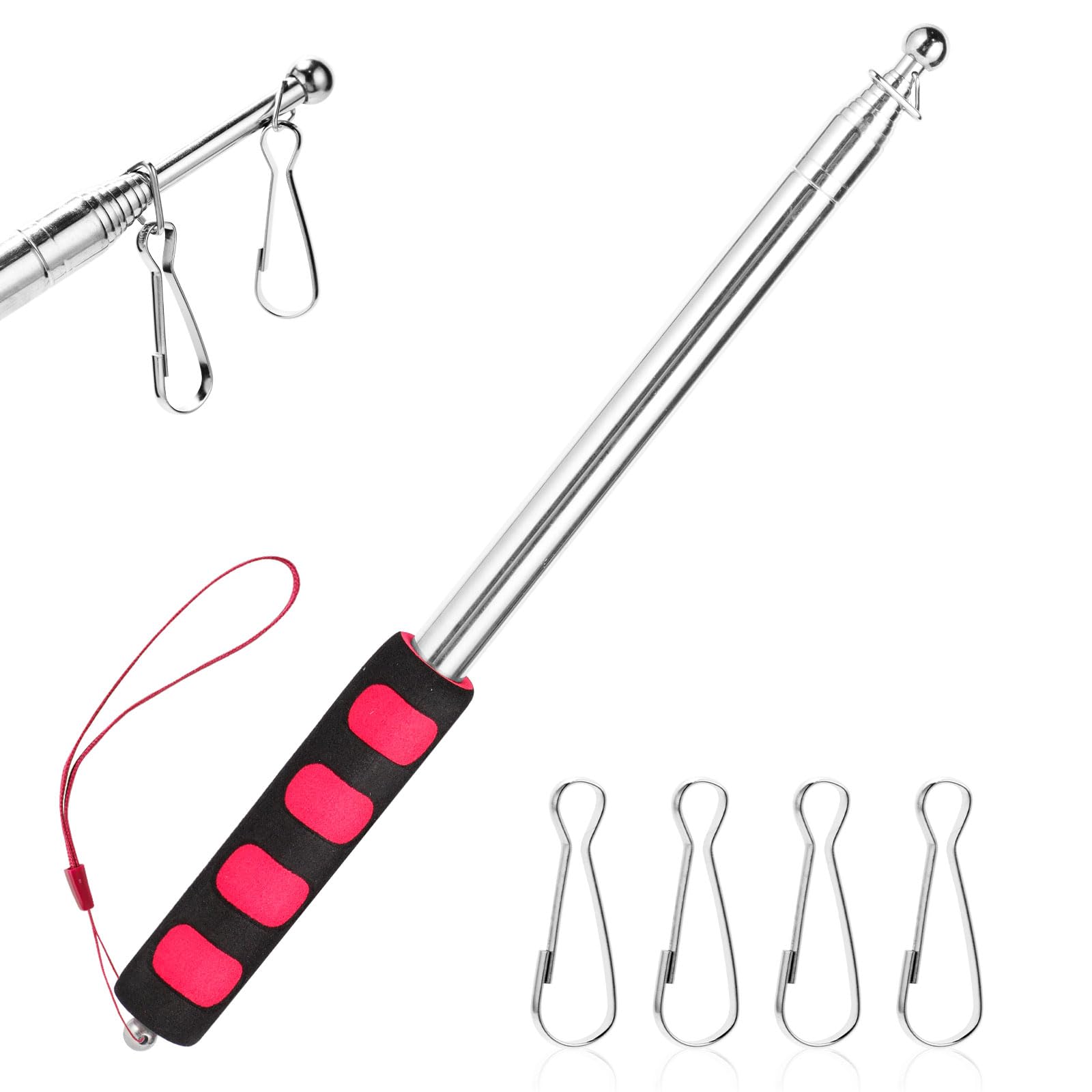 Risipu 8.2FT Telescopic Flag Pole,Stainless Steel Handheld Portable Extendable Retractable Flagpole with Anti-Slip Grip Clip for Tour Guide Festival Teaching Pointer (8.2ft - Red&Black)