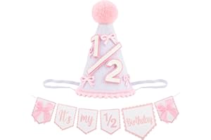 Atoden 1/2 Birthday Party Cone Hat Half Way to One High Chair Banner Princess Headband 6 Months Pink Crown Tiara Bow Birthday Decorations for Girl Outfit Cake Smash Photo Props Gifts