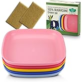 Dulce Worlds SUGARCANE Kids Plates 5Pack (7.9”) + Coconut Pad 2Pc- Organic Dishes for Toddler to Big Kids - USDA Certified – Microwaves & Dishwasher Safe – BPA Free, Unbreakable, Reusable - Multi