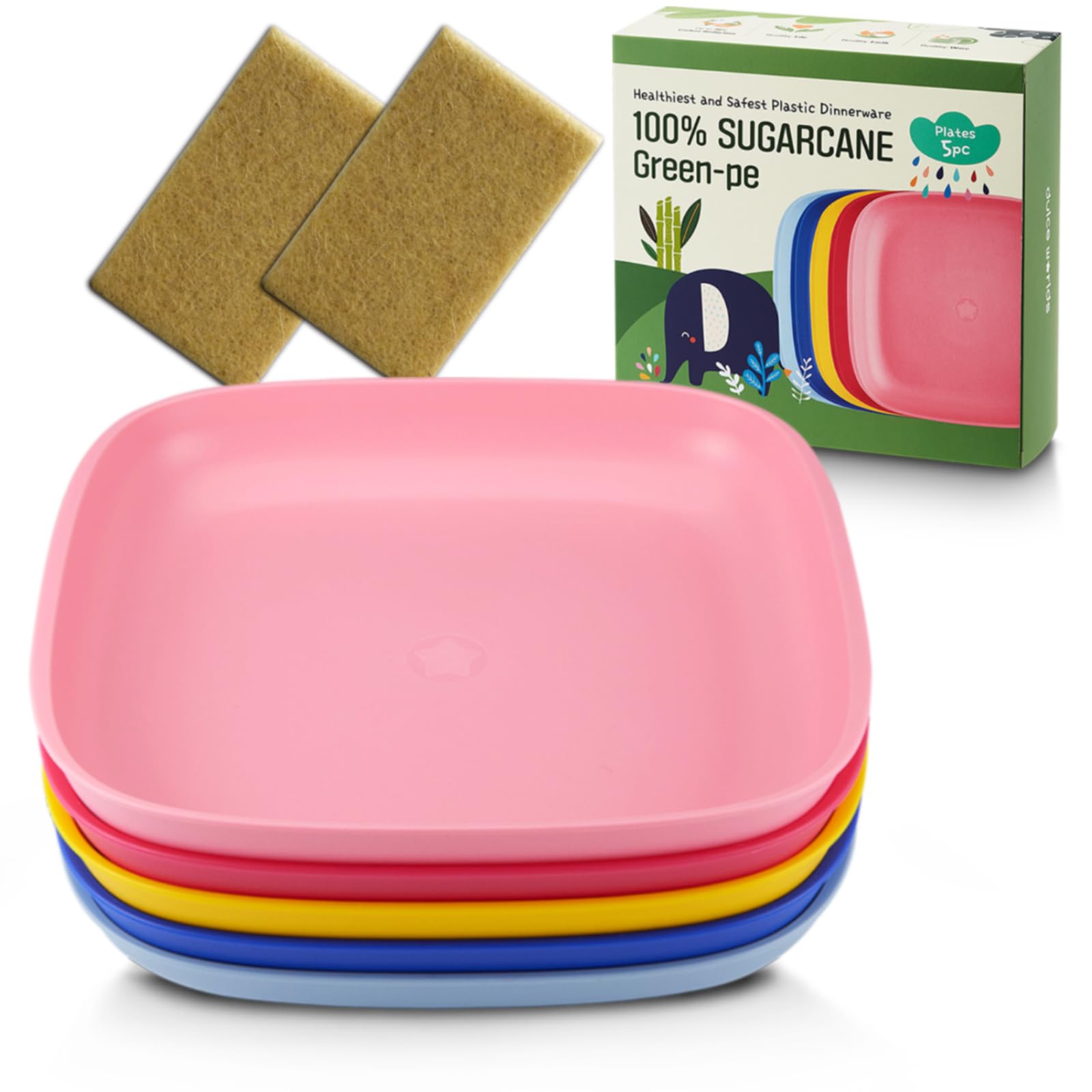 SUGARCANE Kids Plates 5 Pack (20cm) + Coconut Pad 2Pc- Organic Dishes for Toddler to Big Kids - LFGB & USDA Certified – Microwaves & Dishwasher Safe – BPA Free, Unbreakable, Reusable - Multi