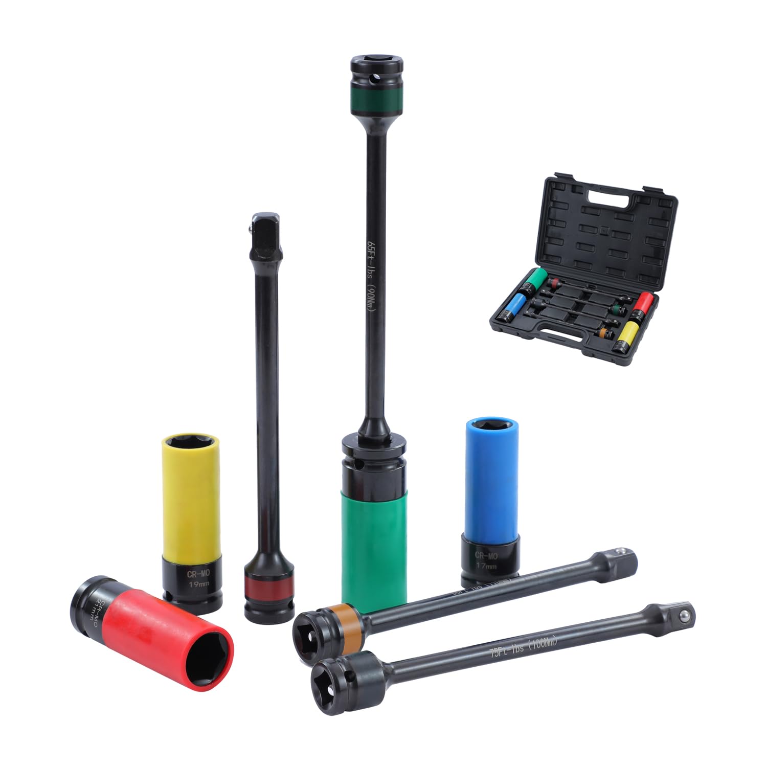 KATSU 1/2 Inch Drive Wheel Protector Impact Deep Sockets 17-22mm Thin Wall and 8 Inch Torque Limiting Extension Bars 65-90 ft.-lb.Torque, Chrome Moly Steel, 8 Pieces Set