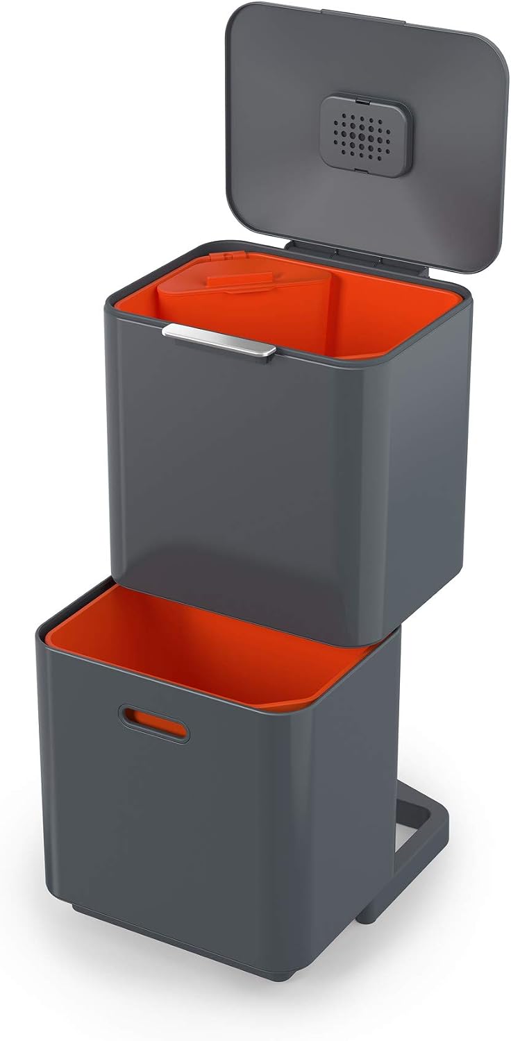 Joseph Joseph Totem Max 60 Litre Waste Separation and Recycling Kitchen Bin with Odour filter and removable food waste caddy, Graphite