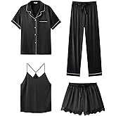 SAPJON Silk Pajamas for Women Set 4Pcs Ruffled Satin Pajamas Set Button Down Short Sleeve Cami Shorts Sleepwear Pj Set