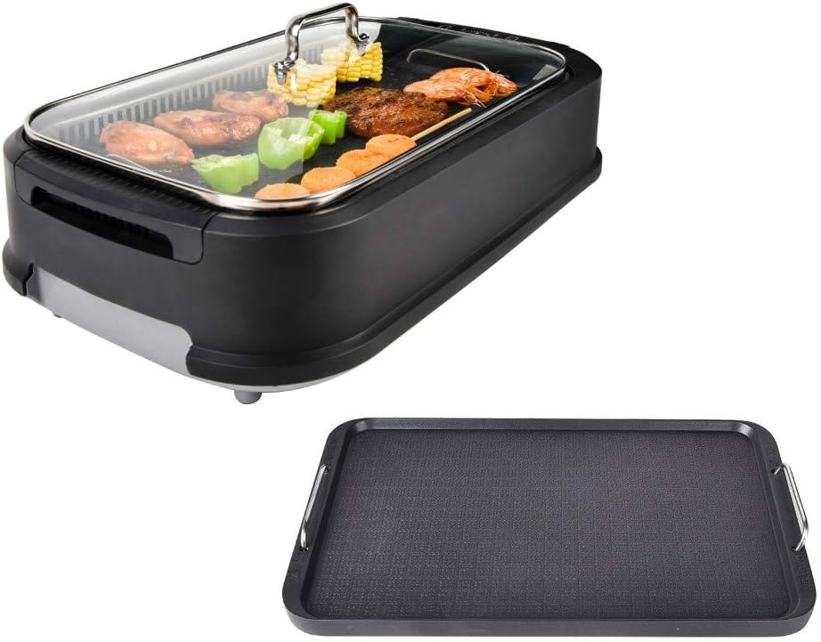 Yourlite Parrilla eléctrica sin humo con tapa de vidrio templado Yourlite Parrilla eléctrica sin humo con tapa de vidrio templado