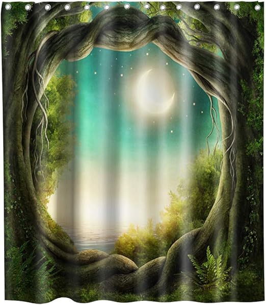 Amazon Com Nature Green Tree Mystic Enchanted Forest Shower Curtain Moon And Night Sky Stars Cloth Fabric Kids Bathroom Decor Set With Hooks Waterproof Washable 72 X 72 Inches Kitchen Dining