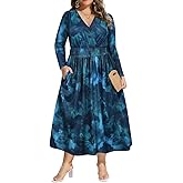 CARCOS Plus Size Dresses for Curvy Women V Neck Fall Maxi Dress Long Sleeve Floral Boho Dress Smocked Waist Party Dress