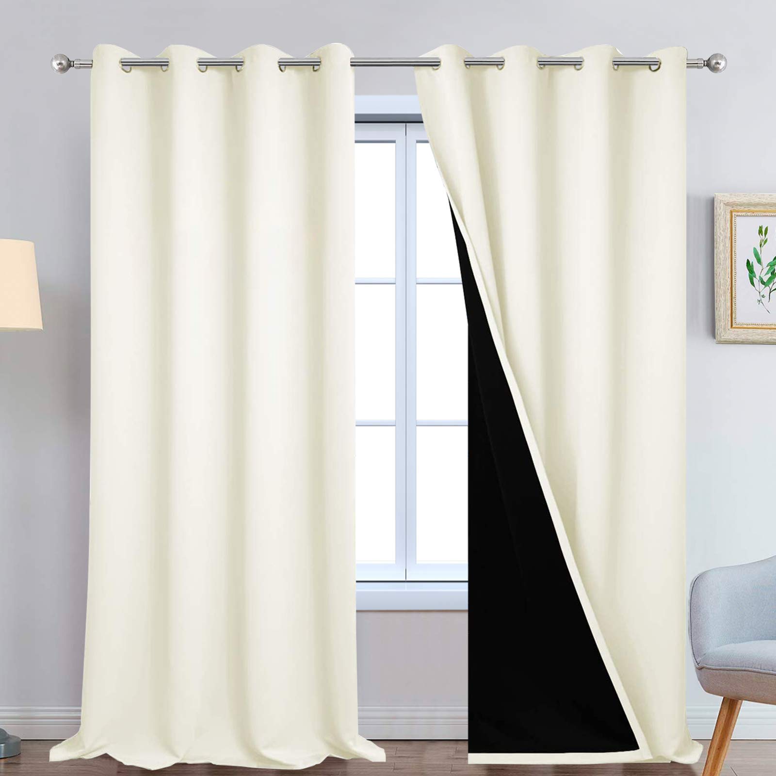 Photo 1 of Yakamok 100% Blackout Window Curtain Panels, Heat and Full Light Blocking Drapes with Black Liner for Nursery, 108 inches Drop Thermal Insulated Draperies (Cream, 2 Pieces, 52 Inch Width)